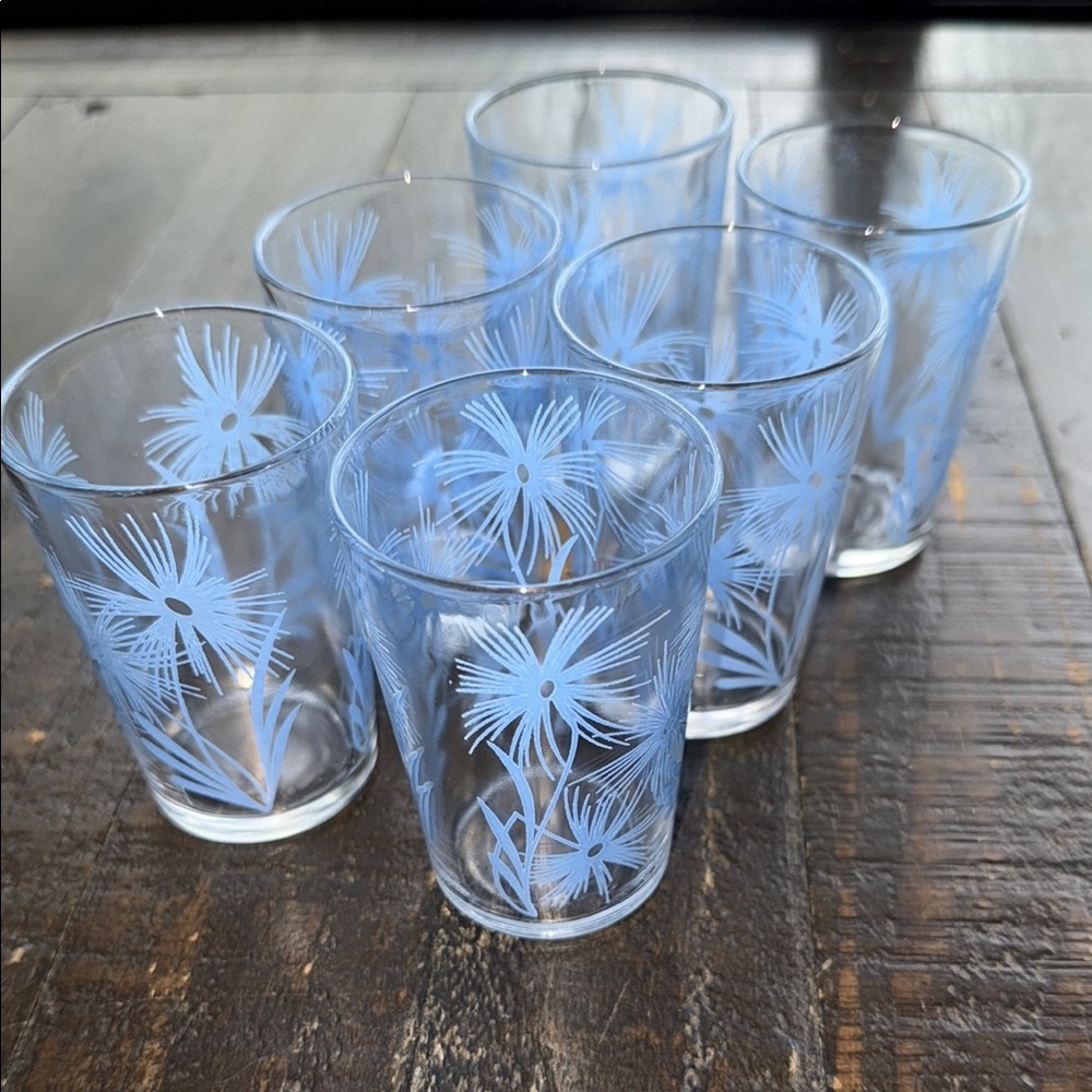 🍄6 Vintage Kraft Swanky Swigs Juice Glasses - Light thistle Blue daisy Flowers